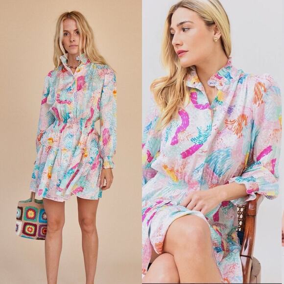 Hunter Bell NWT Joplin Silk Mini Dress in Painterly Rainbow Pastel Size XS - Picture 1 of 8